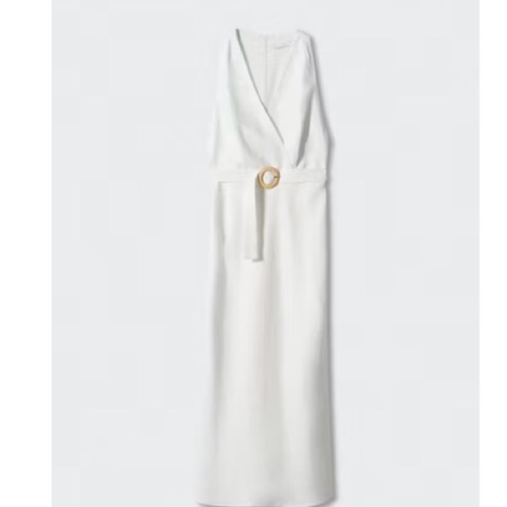 Mango White Sleeveless V-Neck Maxi Dress with Ring Belt - Picture 1 of 7
